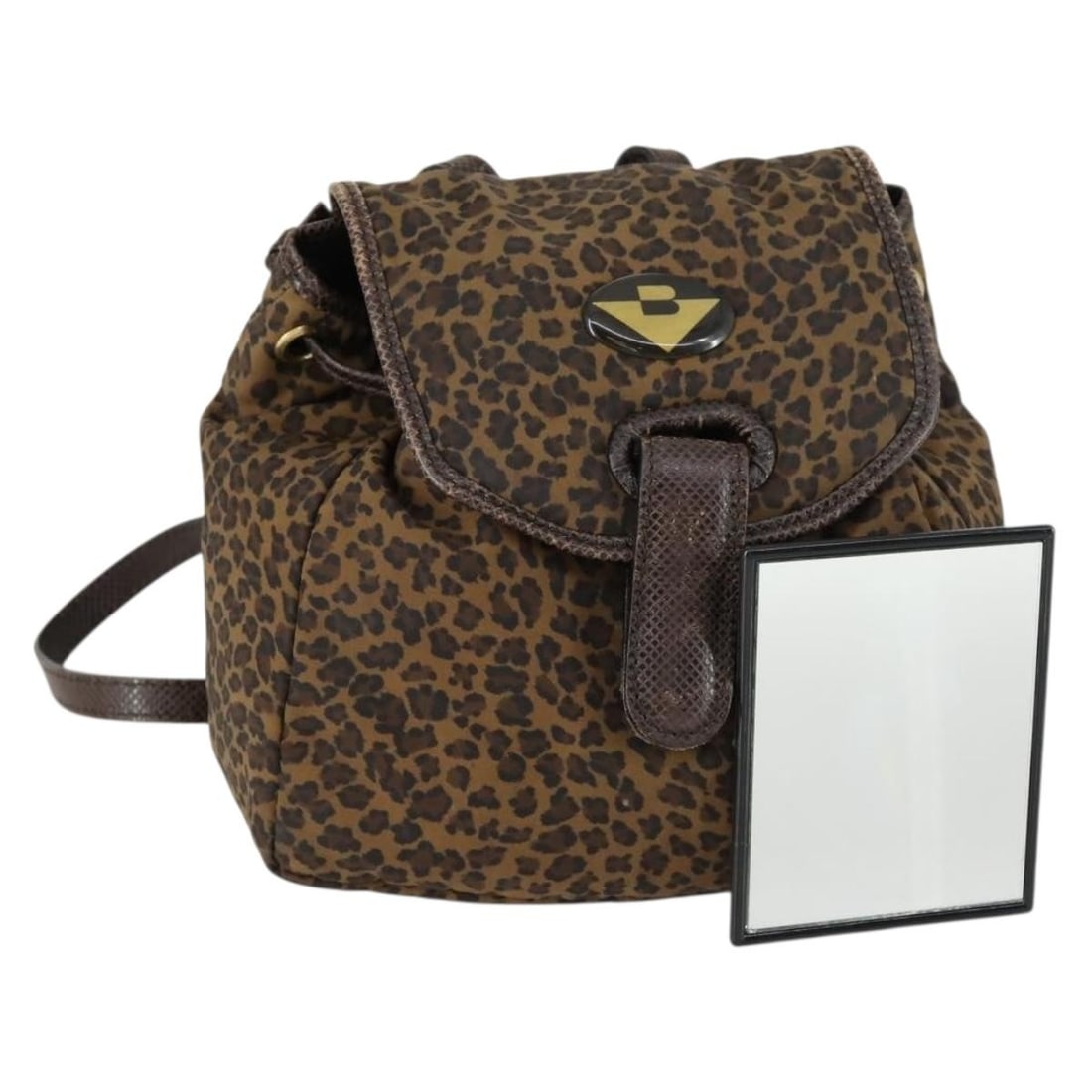 Bottega Veneta Brown Nylon Backpack with Gold-Tone Accents and Mirror: Bottega Veneta Brown Nylon Backpack with Gold-Tone Accents and Mirror This Bottega Veneta backpack is crafted from brown and gold nylon, offering a stylish and functional design. Made in Italy, the ba