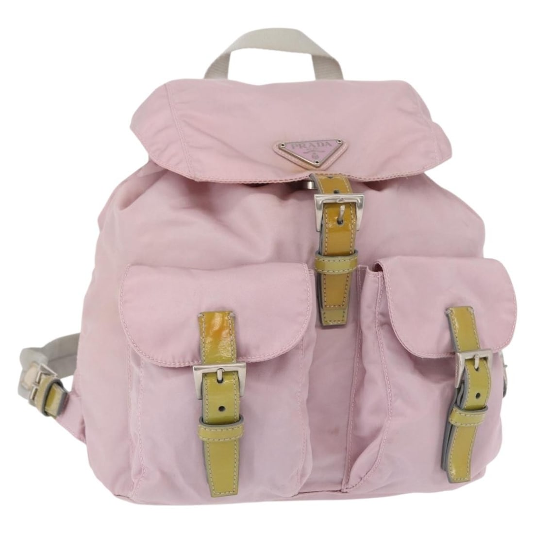 PRADA Pink Nylon Backpack Silver Tone Made in Italy: PRADA Pink Nylon Backpack Silver Tone Made in Italy Pink and silver PRADA nylon backpack made in Italy. The item is heavily used and shows visible wear, including out-of-shape areas, rubbing, slight s