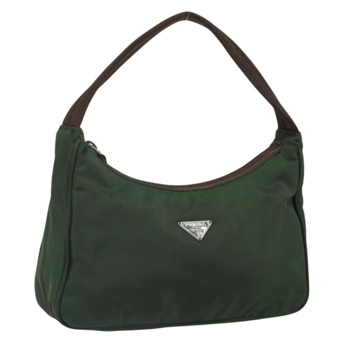 PRADA Khaki Nylon Hand Pouch Made in Italy: PRADA Khaki Nylon Hand Pouch Made in Italy Authentic Prada hand pouch in khaki nylon with a compact silhouette and made in Italy. This women's pouch is in heavily used condition with visible wear thro