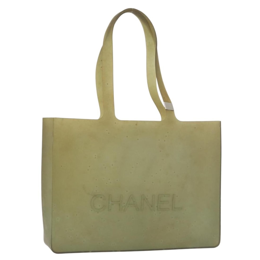 Green Rubber Tote Bag CHANEL Silver CC: Green Rubber Tote Bag CHANEL Silver CC A CHANEL tote bag in green and silver, made of rubber. It features a tote bag style with a handle drop of approximately 28 cm (11.0 in). The item is in heavily u