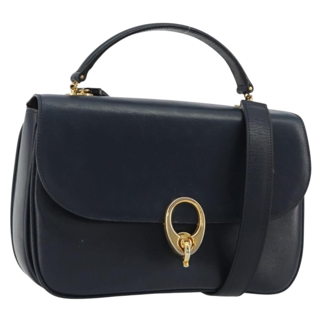 CELINE 2way Leather Handbag Navy with Gold Tone Strap: CELINE 2way Leather Handbag Navy with Gold Tone Strap Celine leather 2way handbag in navy and gold, made in Italy. It comes with a shoulder strap and features a structured size of approximately W24 x 