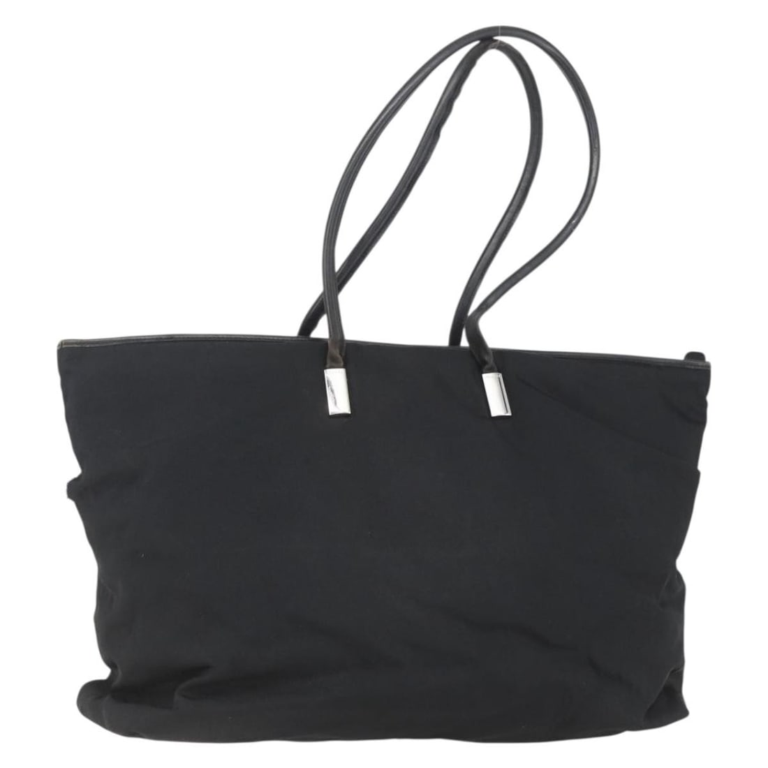 Black Nylon GUCCI Tote 002 2123 0455 Silver Accents from Italy: Black Nylon GUCCI Tote 002 2123 0455 Silver Accents from Italy This is a Gucci tote bag crafted from black and silver nylon. The bag features a spacious interior with a handle drop of approximately 12