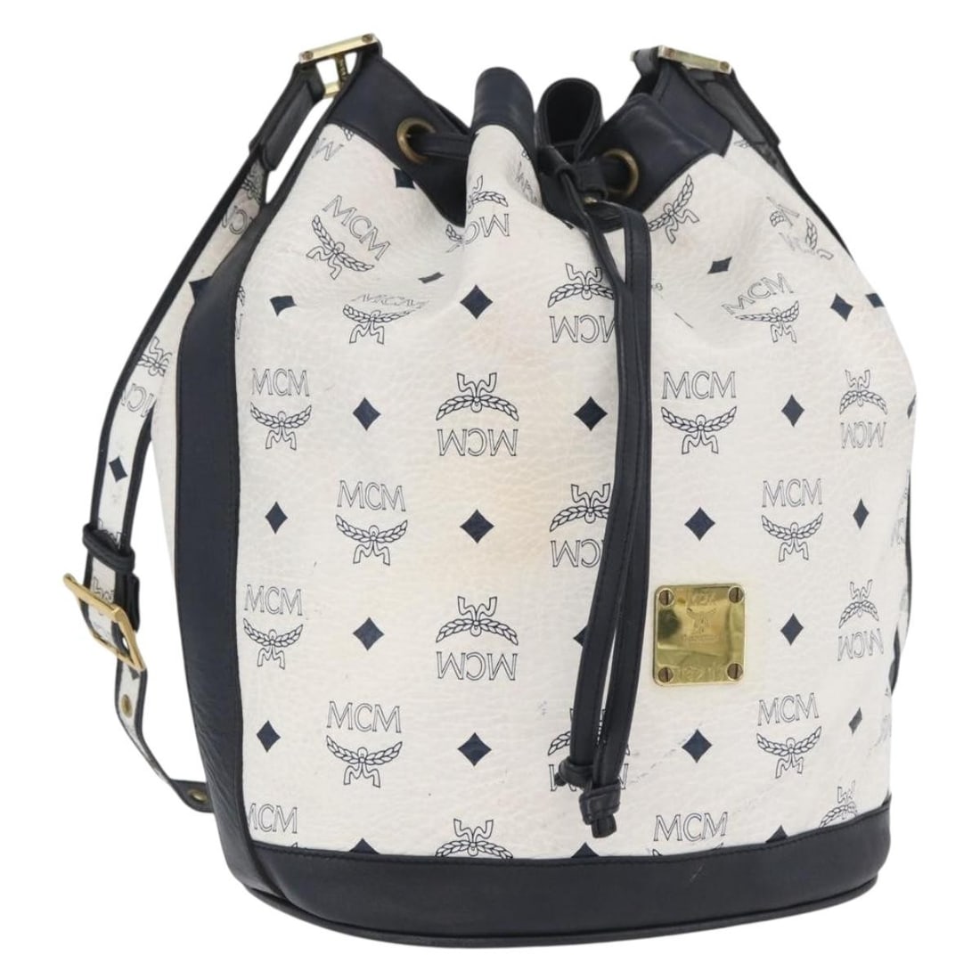 MCM White PVC Leather Logogram Shoulder Purse Gold Accents: MCM White PVC Leather Logogram Shoulder Purse Gold Accents This MCM shoulder bag features the brand's signature logogram design in white and gold on durable PVC leather. Designed for women, the bag of