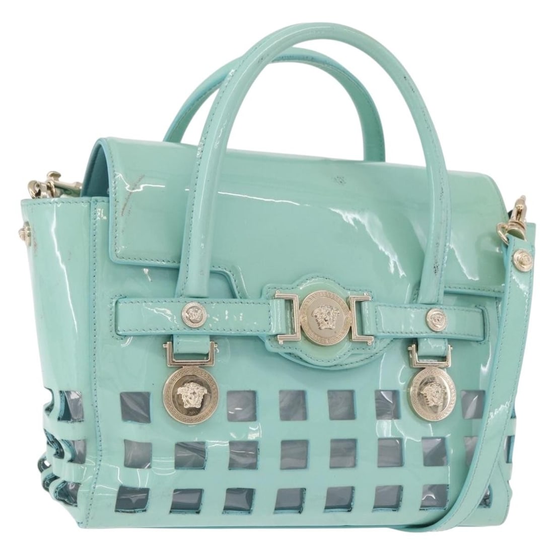Versace Green Patent Leather 2way Handbag with Shoulder Strap: Versace Green Patent Leather 2way Handbag with Shoulder Strap Versace handbag in green and gold patent leather, designed as a 2-way style and made in Italy. It comes with a shoulder strap accessory an