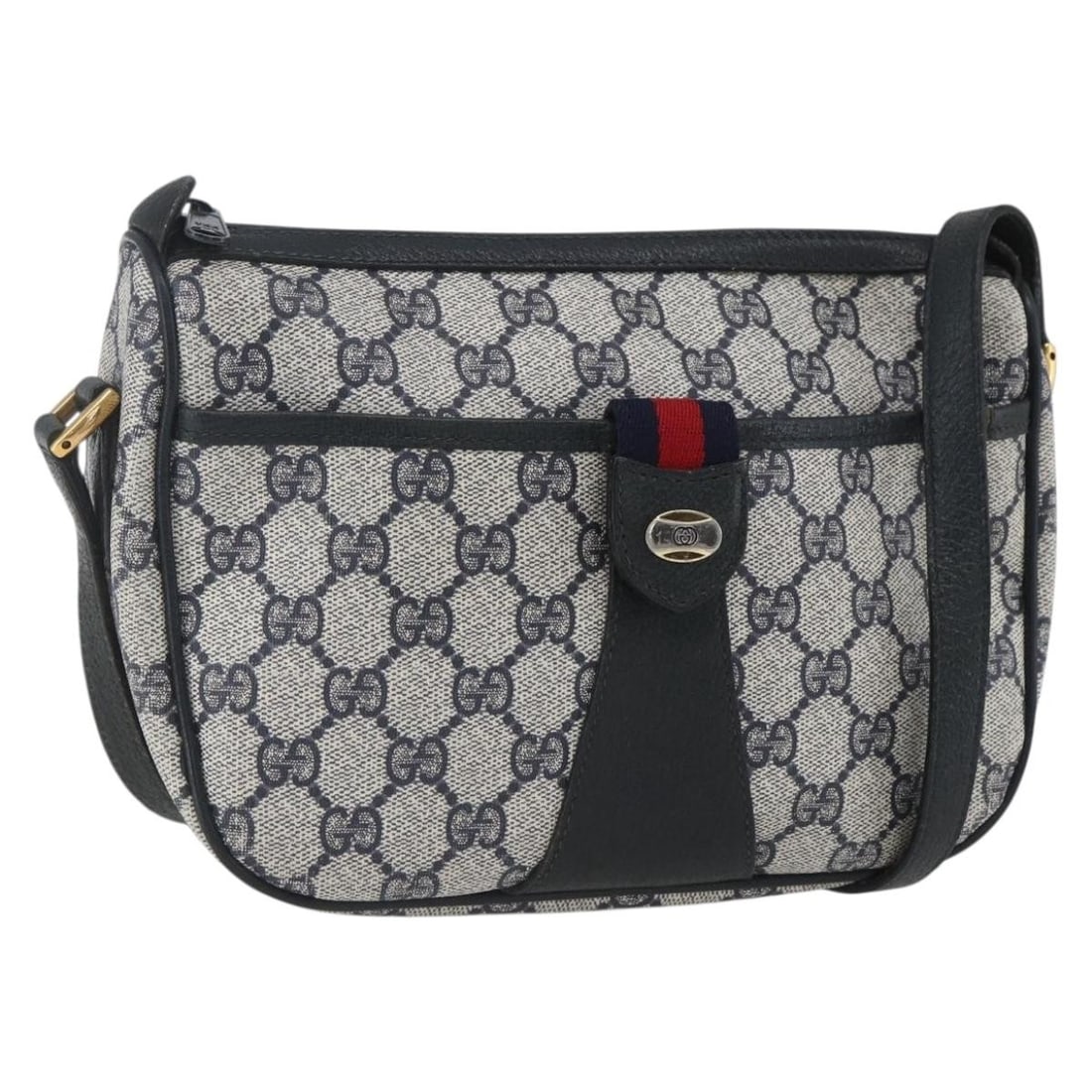 Gucci Sherry Line GG Supreme PVC Leather Shoulder Bag Navy Gold: Gucci Sherry Line GG Supreme PVC Leather Shoulder Bag Navy Gold This Gucci GG Supreme Sherry Line shoulder bag is crafted from PVC leather and GG canvas in a navy and gold colorway. It has a structure