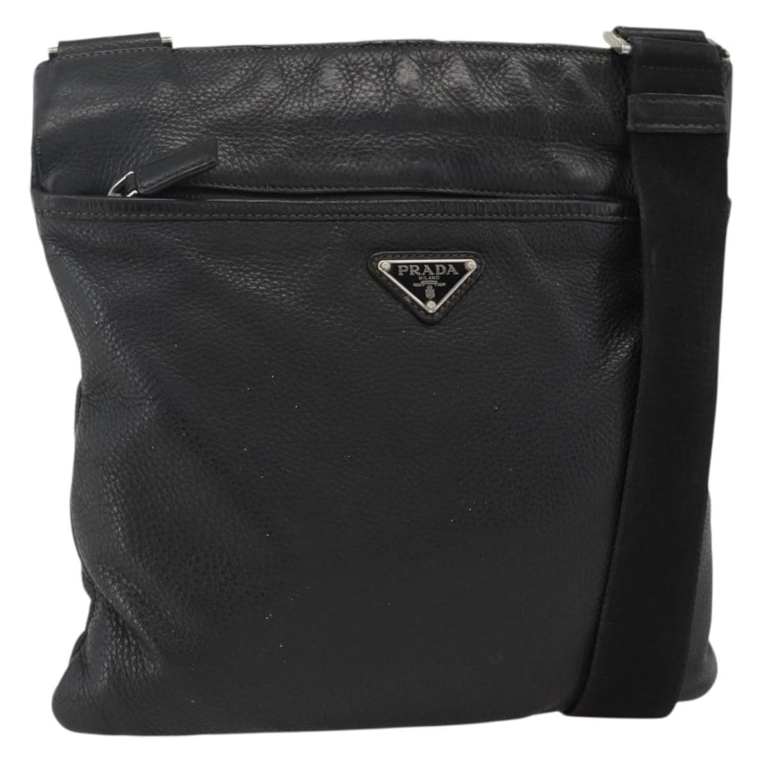 PRADA Black Leather Shoulder Bag Silver Tone Italy: PRADA Black Leather Shoulder Bag Silver Tone Italy Prada women's shoulder bag in black and silver leather, made in Italy. The bag measures approximately 28 cm wide by 29 cm high, with a shoulder strap