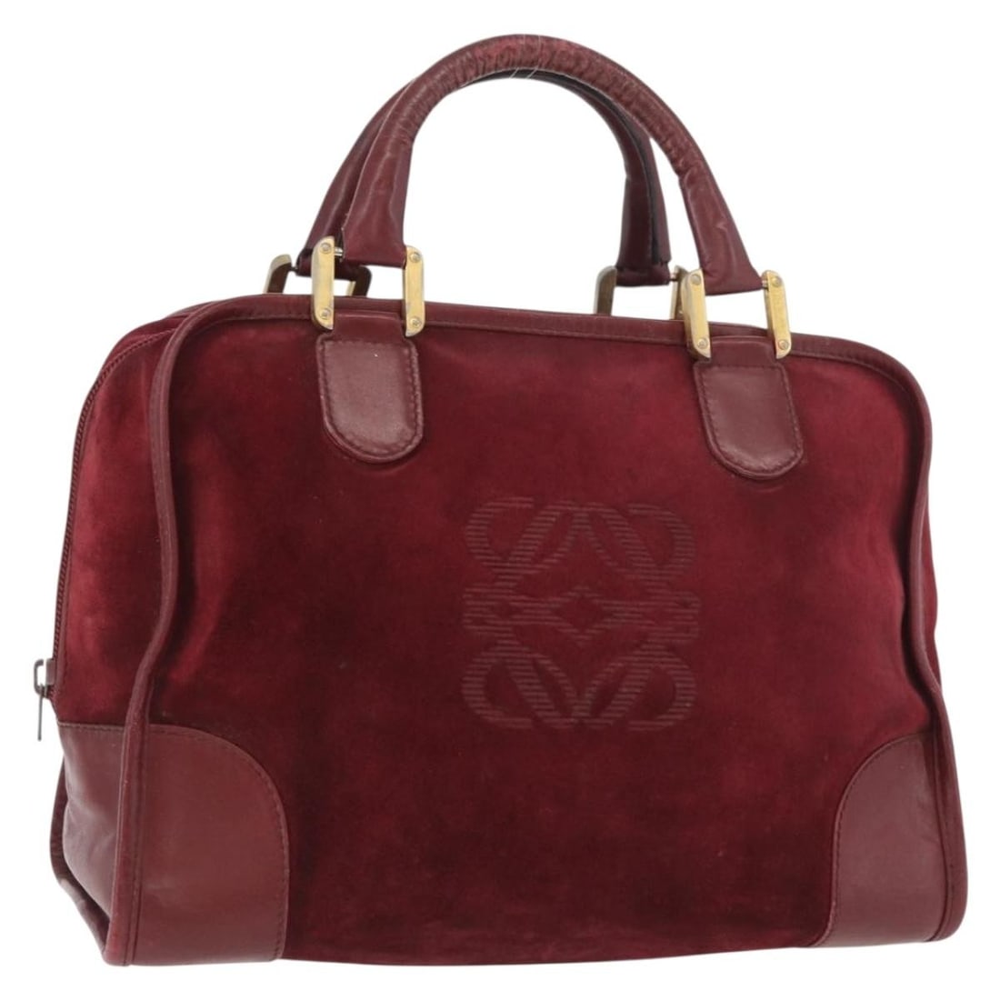 LOEWE Anagram Suede Handbag Bordeaux Gold Tone Spain: LOEWE Anagram Suede Handbag Bordeaux Gold Tone Spain LOEWE Anagram hand bag in suede leather with a Bordeaux and gold colorway, made in Spain. This women's bag measures approximately 31 cm W x 20 cm H