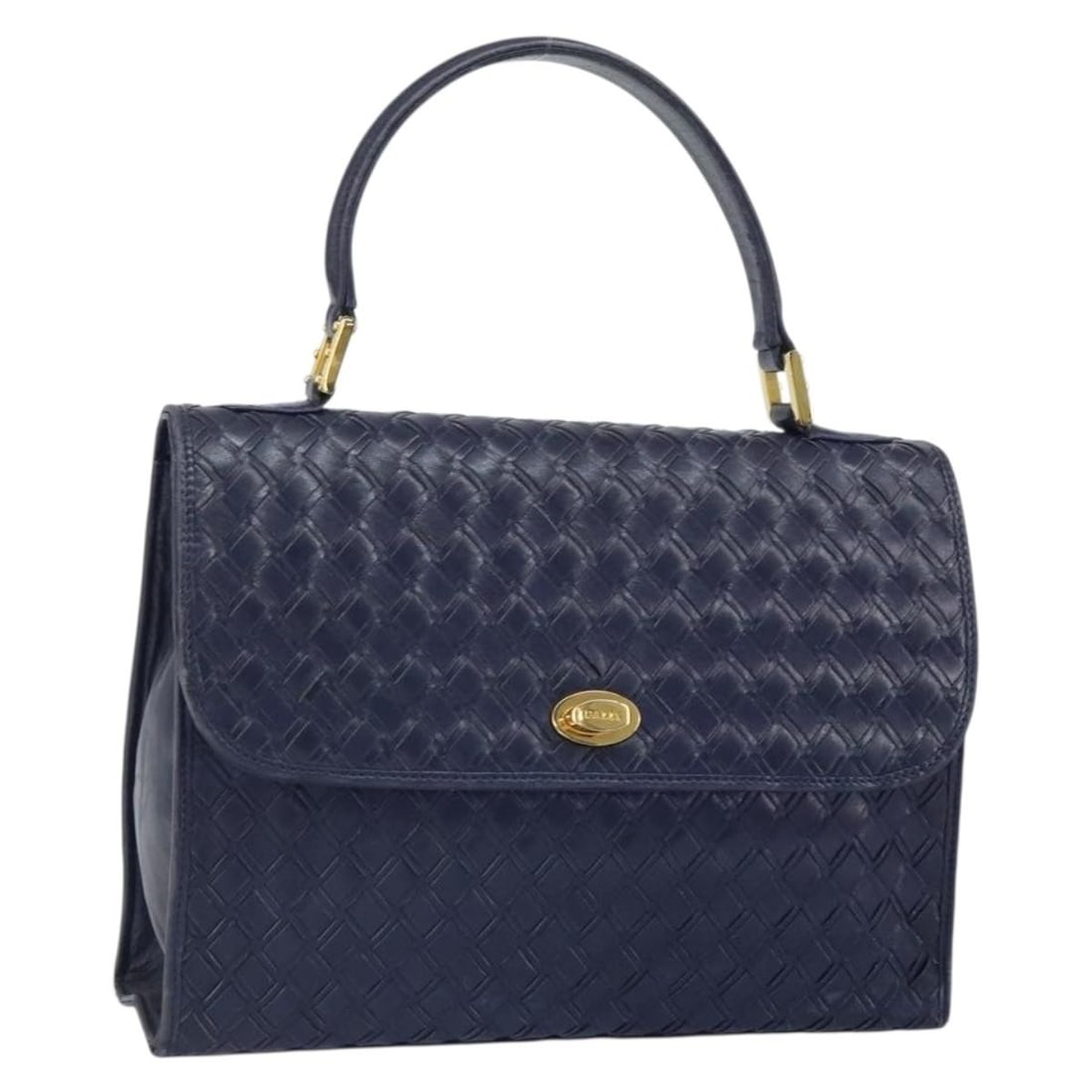 BALLY Navy Leather Handbag with Gold Accents for Women: BALLY Navy Leather Handbag with Gold Accents for Women This Bally women's handbag is crafted from navy and gold leather. The bag features a structured silhouette with a top handle and gold-tone accent