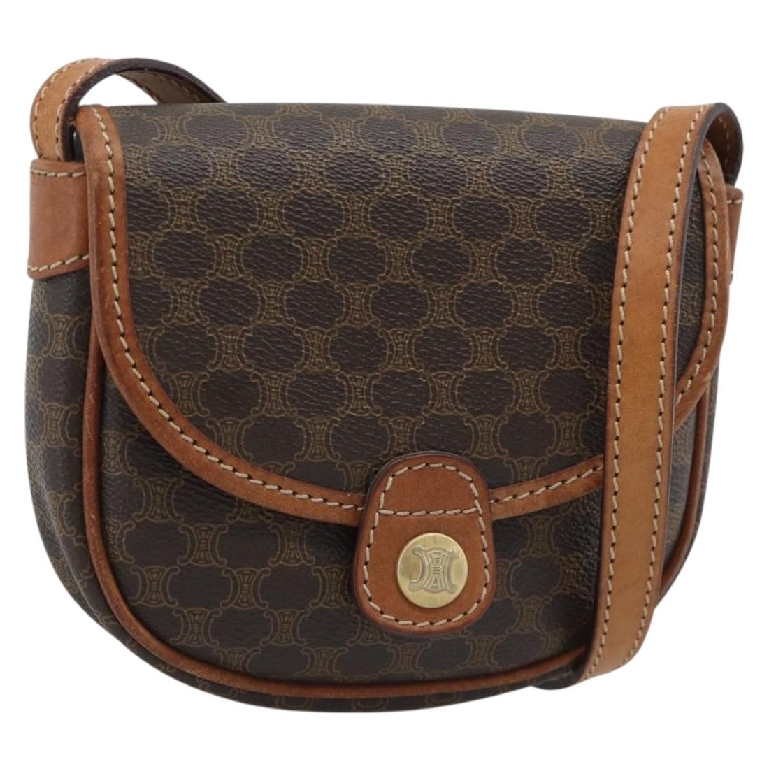 Celine Macadam PVC Leather Shoulder Bag Brown Gold Tone: Celine Macadam PVC Leather Shoulder Bag Brown Gold Tone A brown shoulder bag in PVC leather and Macadam canvas with gold tone hardware. It measures approximately W15 cm x H14 cm x D3 cm, with a should