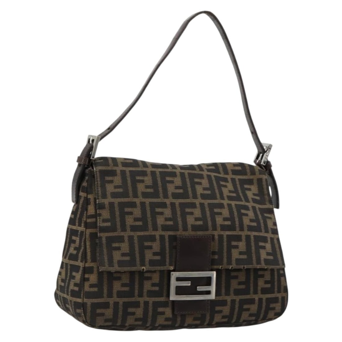 Fendi Mamma Baguette Shoulder Bag Zucca Canvas Black Brown: Fendi Mamma Baguette Shoulder Bag Zucca Canvas Black Brown A Fendi Mamma Baguette shoulder bag in black and brown Zucca canvas. It is made in Italy and offered in heavily used condition, with visible 
