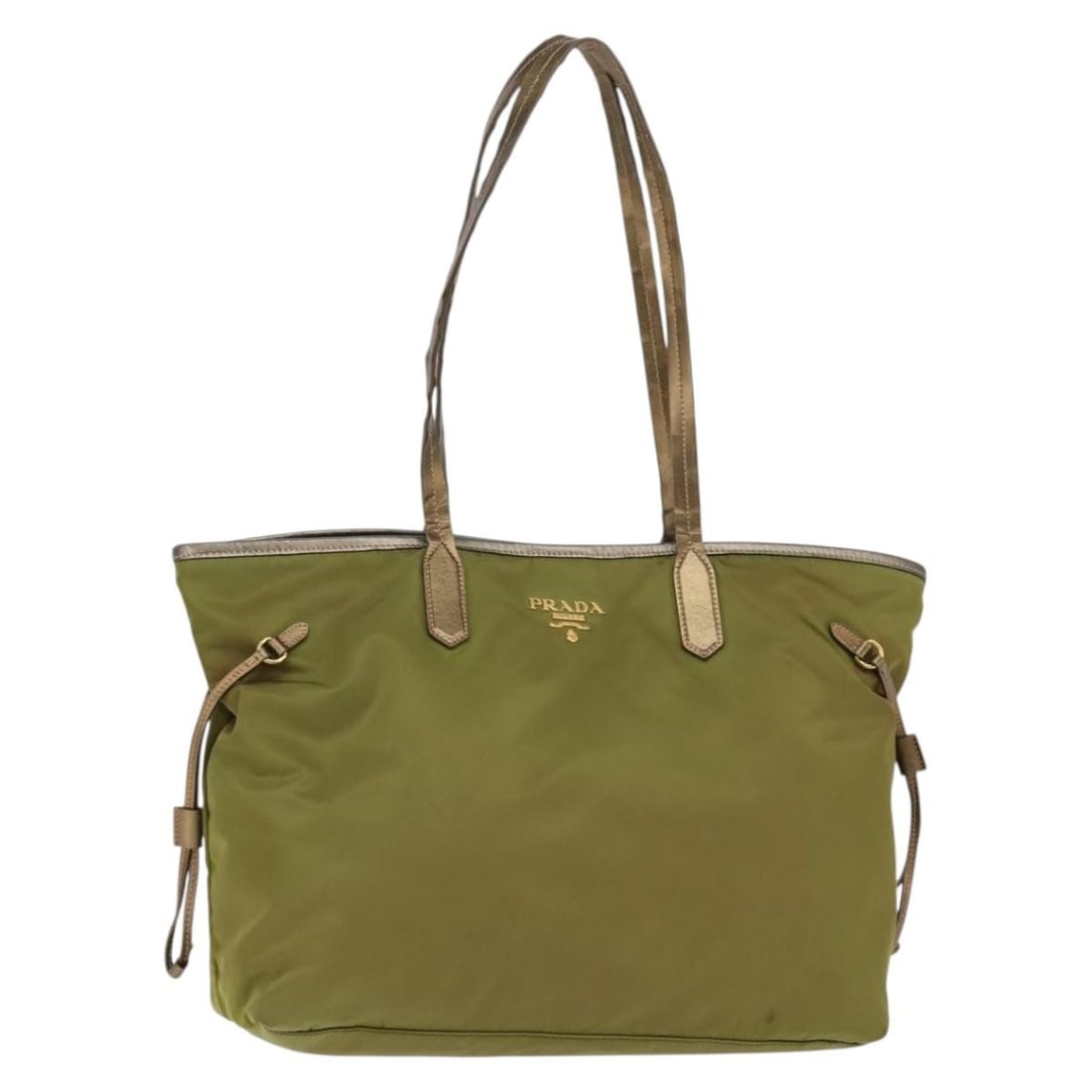 Prada Khaki Nylon Tote Bag with Gold Tone Hardware: Prada Khaki Nylon Tote Bag with Gold Tone Hardware Prada tote bag in khaki/gold nylon, made in Italy. This women's bag features a tote silhouette with a 10.6 inch handle drop. It is offered in heavily