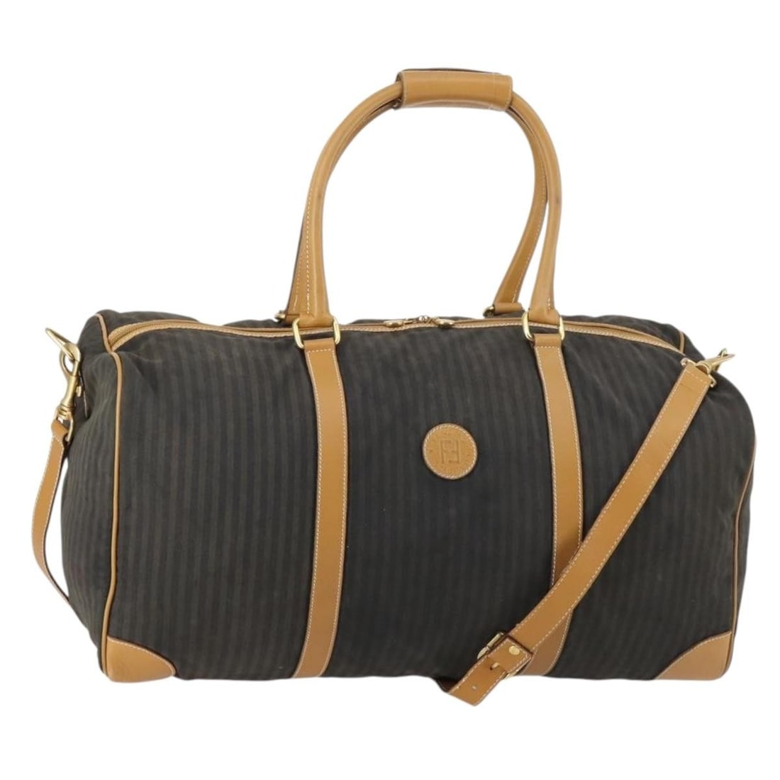 FENDI Pequin Canvas Boston Bag Shoulder Strap Black Brown: FENDI Pequin Canvas Boston Bag Shoulder Strap Black Brown This FENDI Boston Bag features a classic black and brown Pequin coated canvas design and can be carried by hand or over the shoulder with its 