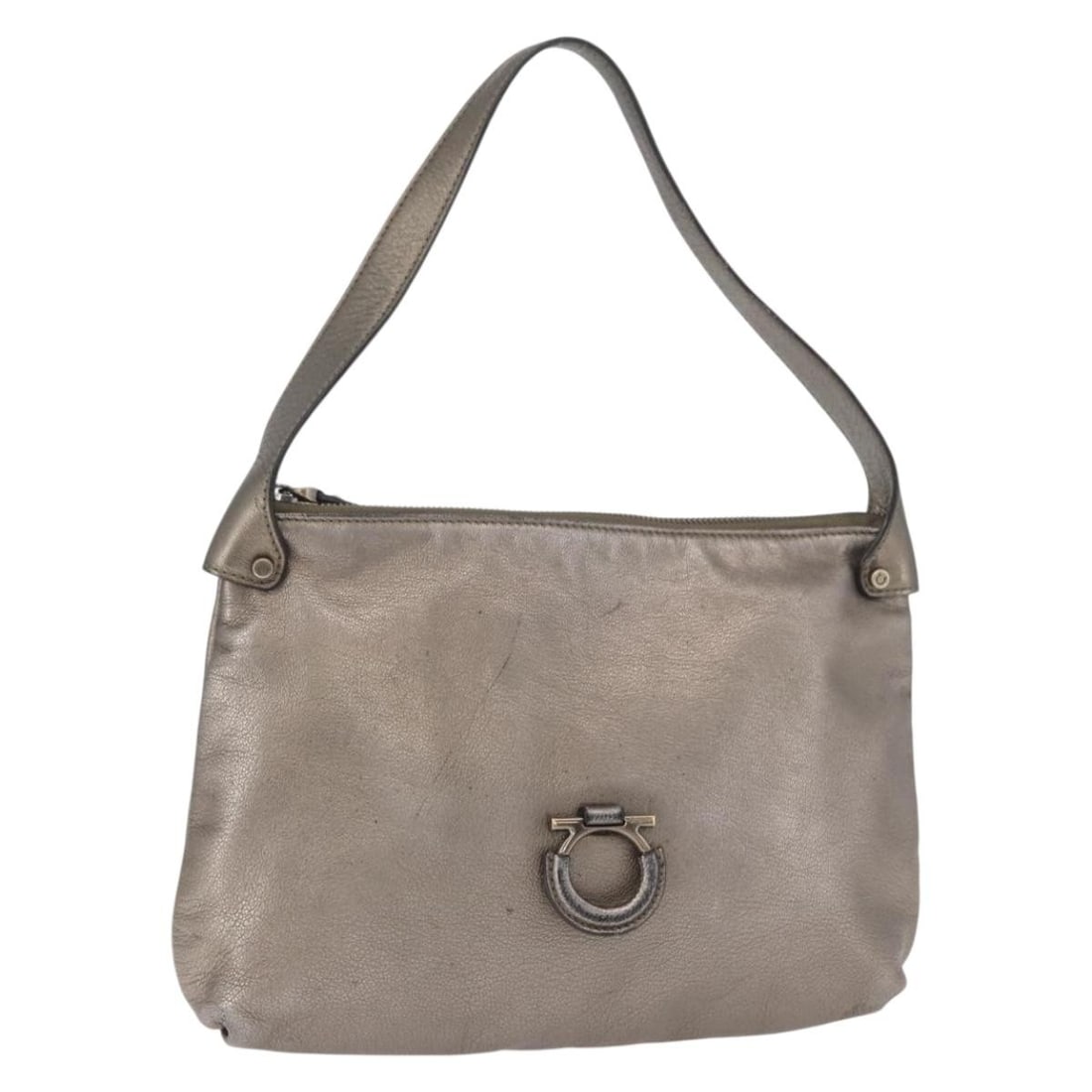 Salvatore Ferragamo Silver Leather Gancini Shoulder Bag: Salvatore Ferragamo Silver Leather Gancini Shoulder Bag This Salvatore Ferragamo Gancini shoulder bag is crafted from leather in a striking silver color. Designed for women, the bag features a compact