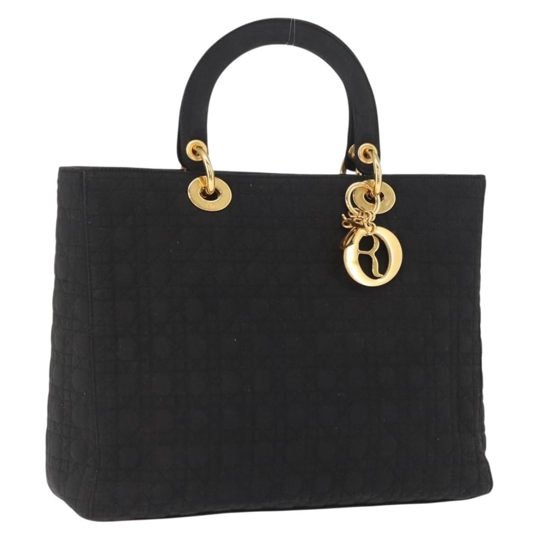 Lady Dior Cannage Black Nylon Handbag with Gold Accents and Charm: Lady Dior Cannage Black Nylon Handbag with Gold Accents and Charm This Christian Dior Lady Dior Canage hand bag features black nylon with gold-tone accents. The bag includes a signature charm and has 