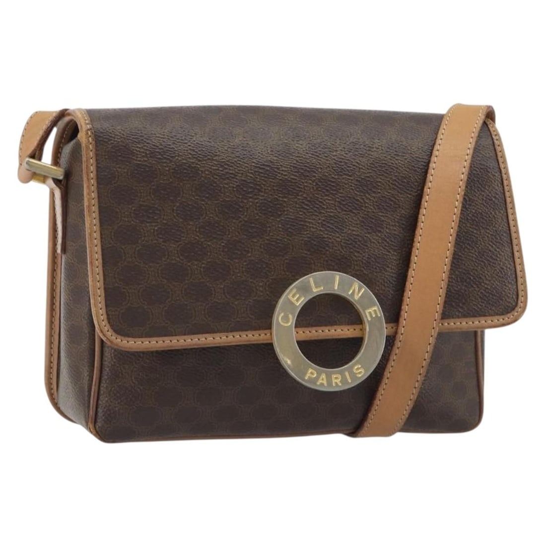 CELINE Macadam Circle Shoulder Bag Brown PVC Leather: CELINE Macadam Circle Shoulder Bag Brown PVC Leather A CELINE Macadam Canvas Circle Shoulder Bag in brown and gold, made in Italy from PVC leather and Macadam canvas. This women's shoulder bag feature