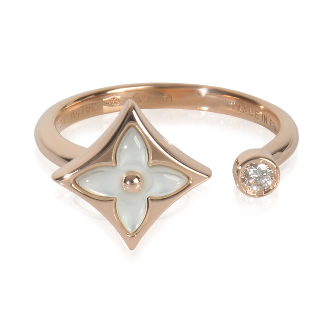 Color Blossom Mother of Pearl Diamond Ring in 18k Rose Gold by Louis Vuitton: Color Blossom Mother of Pearl Diamond Ring in 18k Rose Gold by Louis Vuitton This Louis Vuitton Color Blossom ring features a round brilliant diamond accent with a total carat weight of 0.04 and a mot