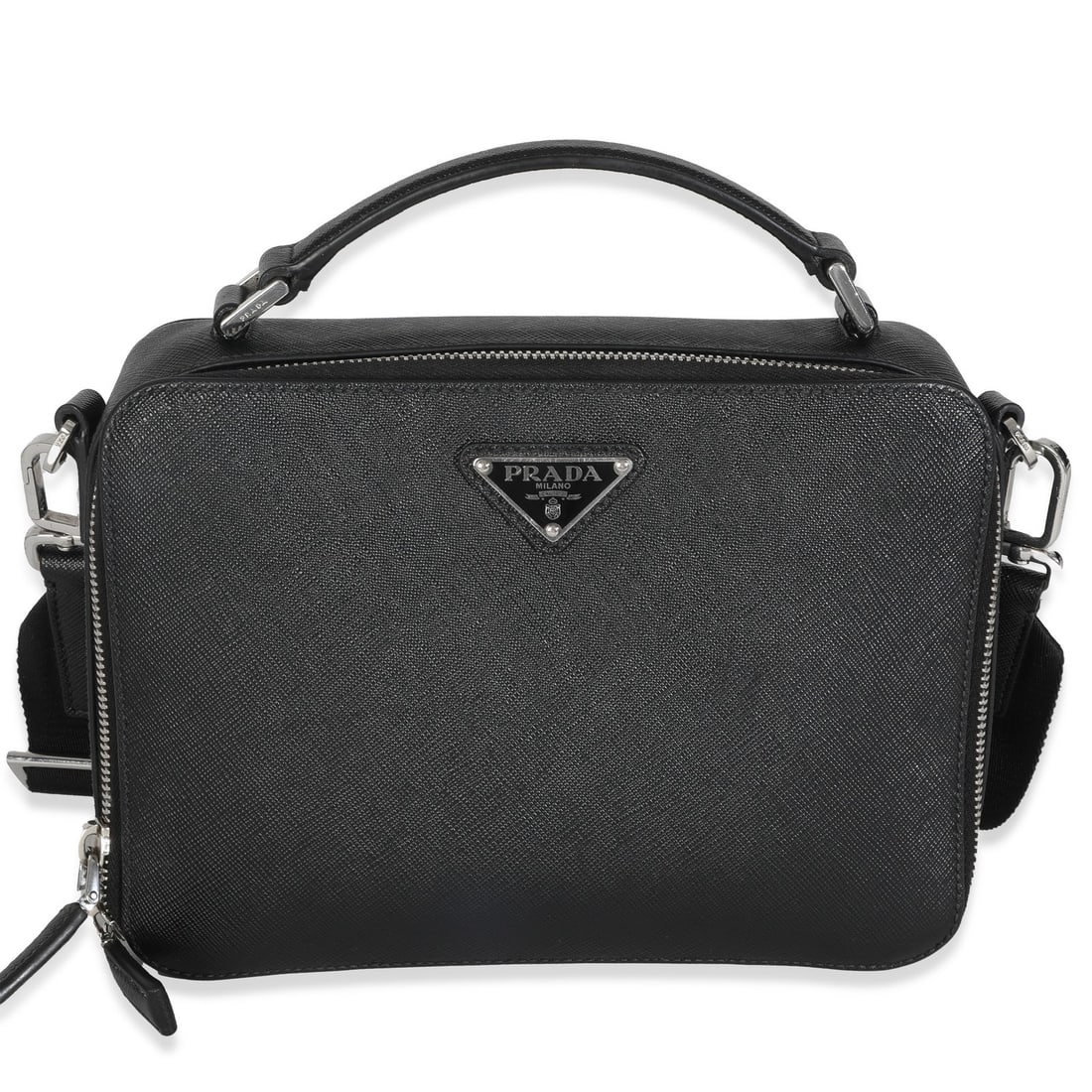 Prada Medium Brique Black Saffiano Leather Crossbody Bag: Prada Medium Brique Black Saffiano Leather Crossbody Bag Introducing the Prada Black Saffiano Medium Brique Crossbody Bag, a stylish and versatile accessory crafted in Italy. This bag features a sleek