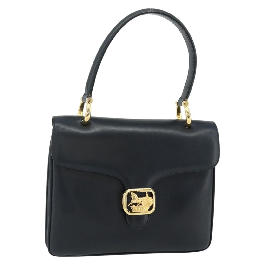 Celine Navy Leather Handbag Gold Tone Hardware Made in Italy: Celine Navy Leather Handbag Gold Tone Hardware Made in Italy A CELINE leather handbag in navy with gold-tone metal fittings, made in Italy. The bag measures approximately 24 cm wide, 20 cm high, and 2