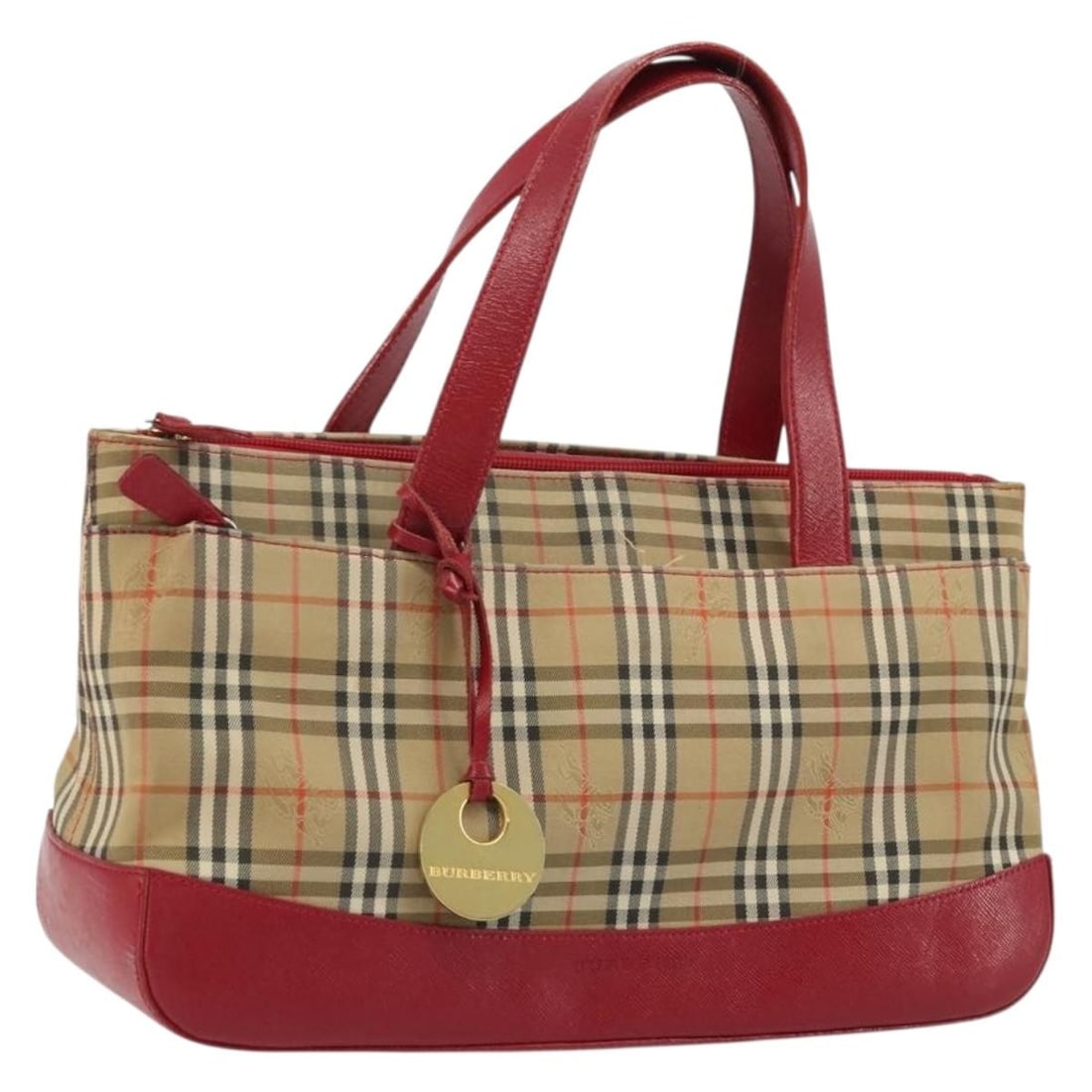 Burberry Nova Check Canvas Handbag Beige Gold Tone: Burberry Nova Check Canvas Handbag Beige Gold Tone Burberry Nova Check hand bag in beige and gold canvas, made in Italy. The bag measures approximately 13.0 x 7.5 x 3.9 inches (33 x 19 x 10 cm) with a