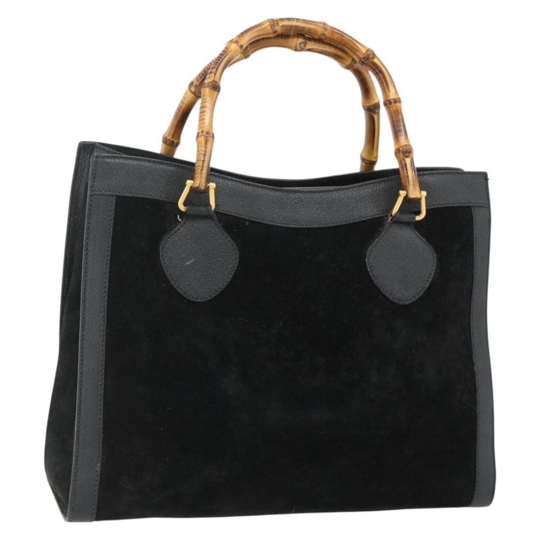 Gucci Bamboo suede black gold handbag 002 0260 Italy: Gucci Bamboo suede black gold handbag 002 0260 Italy This GUCCI Bamboo handbag is crafted from black suede with gold-tone accents and features a structured silhouette. It includes a bamboo handle with