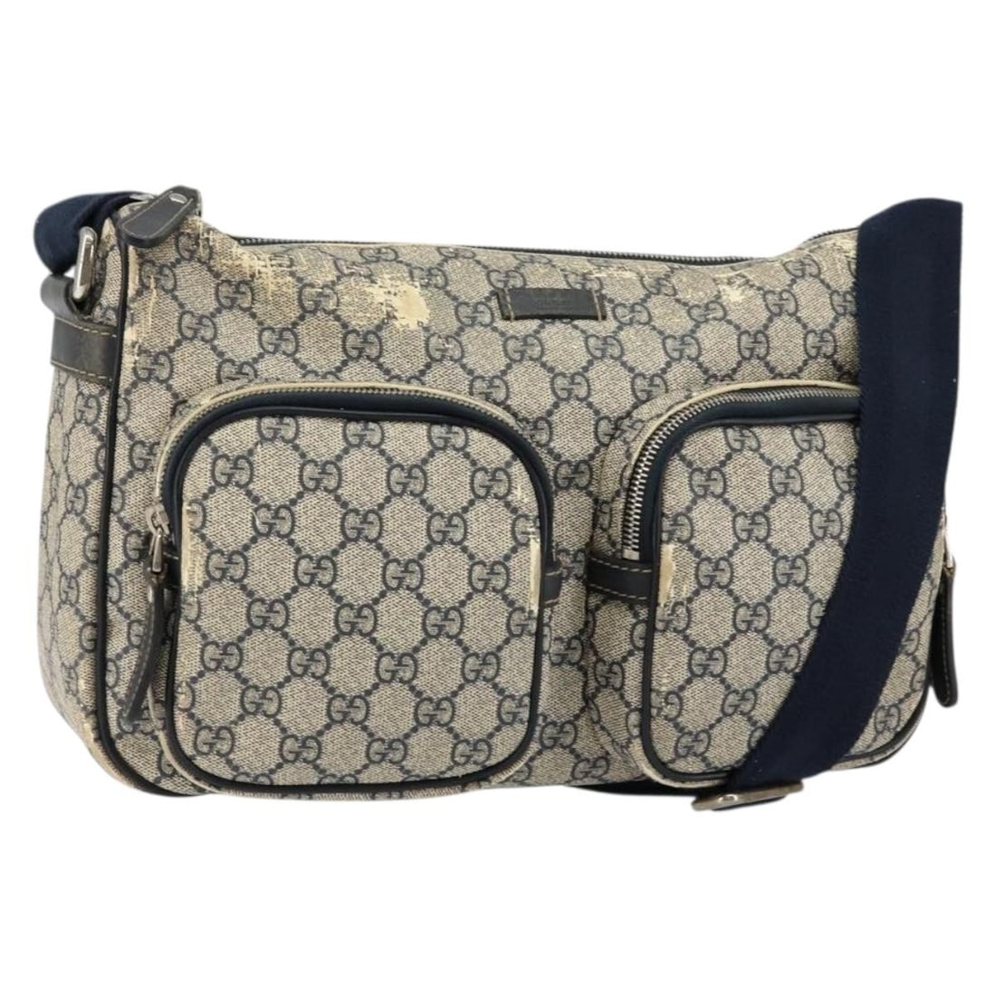 Gucci GG Supreme Navy Gold Shoulder Bag 246881 Italy: Gucci GG Supreme Navy Gold Shoulder Bag 246881 Italy This GUCCI GG Supreme shoulder bag features a navy and gold color scheme and is crafted from PVC leather and GG canvas. Designed for women, it offe