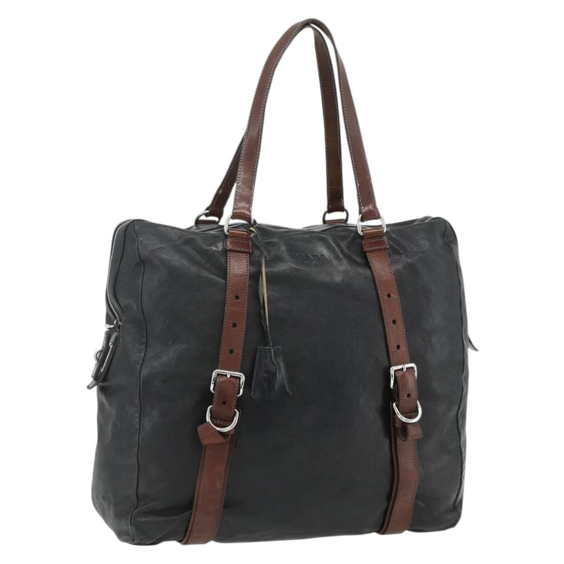 PRADA Black Leather Tote Bag Silver Tone Italy: PRADA Black Leather Tote Bag Silver Tone Italy This Prada tote bag is crafted from leather in black and silver, made in Italy. It features a women's tote bag design with an approximate size of 15.4 x 