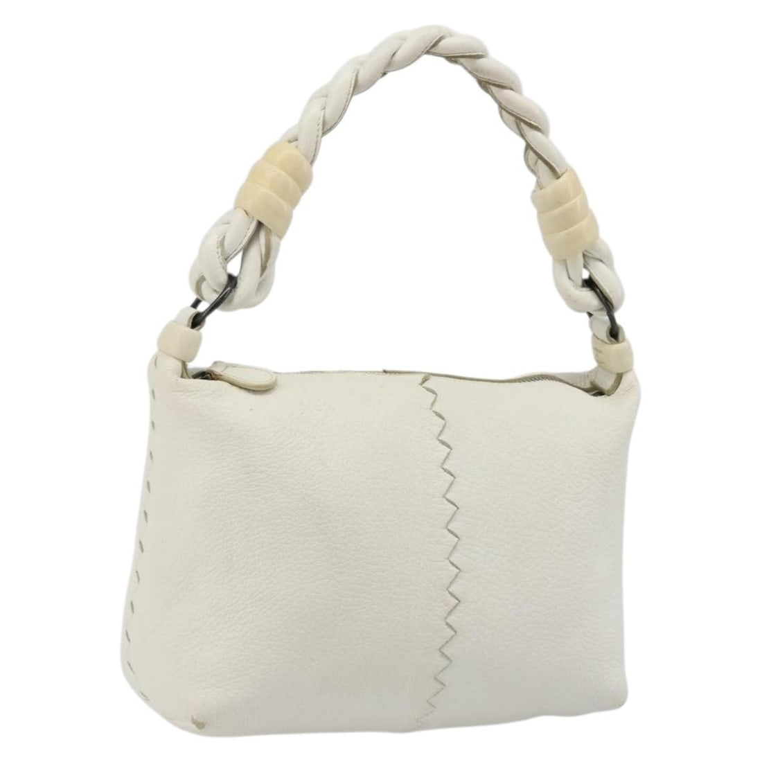 Bottega Veneta White Silver Leather Handbag Made in Italy: Bottega Veneta White Silver Leather Handbag Made in Italy White and silver leather hand bag from Italy. The item is in heavily used condition with visible wear, including loss of shape, rubbing, stain