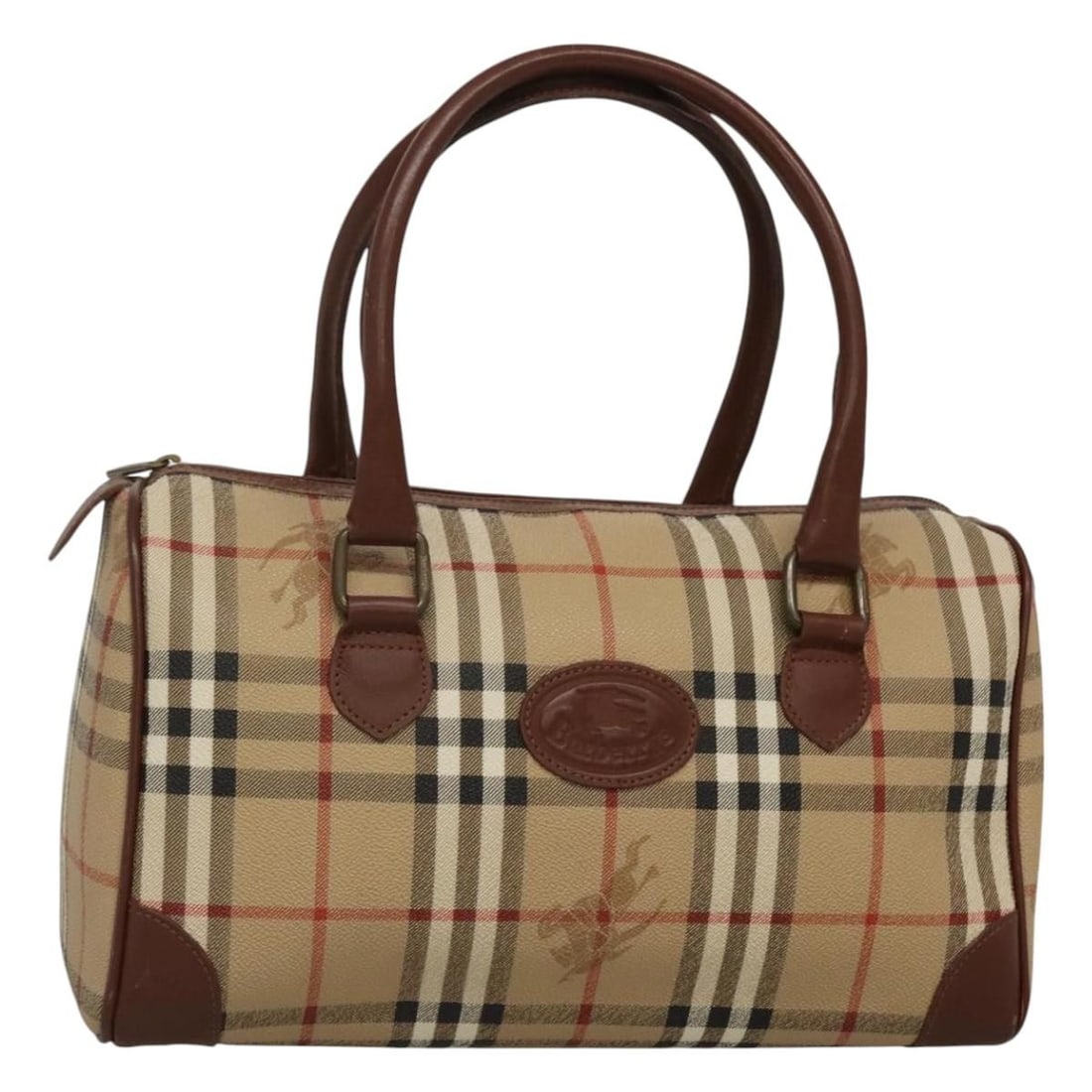 Burberrys Nova Check PVC Boston Bag Beige Gold England: Burberrys Nova Check PVC Boston Bag Beige Gold England A Burberrys Nova Check Boston Bag in beige and gold, made from PVC leather and crafted in England. This Boston-style bag features the Nova Check 
