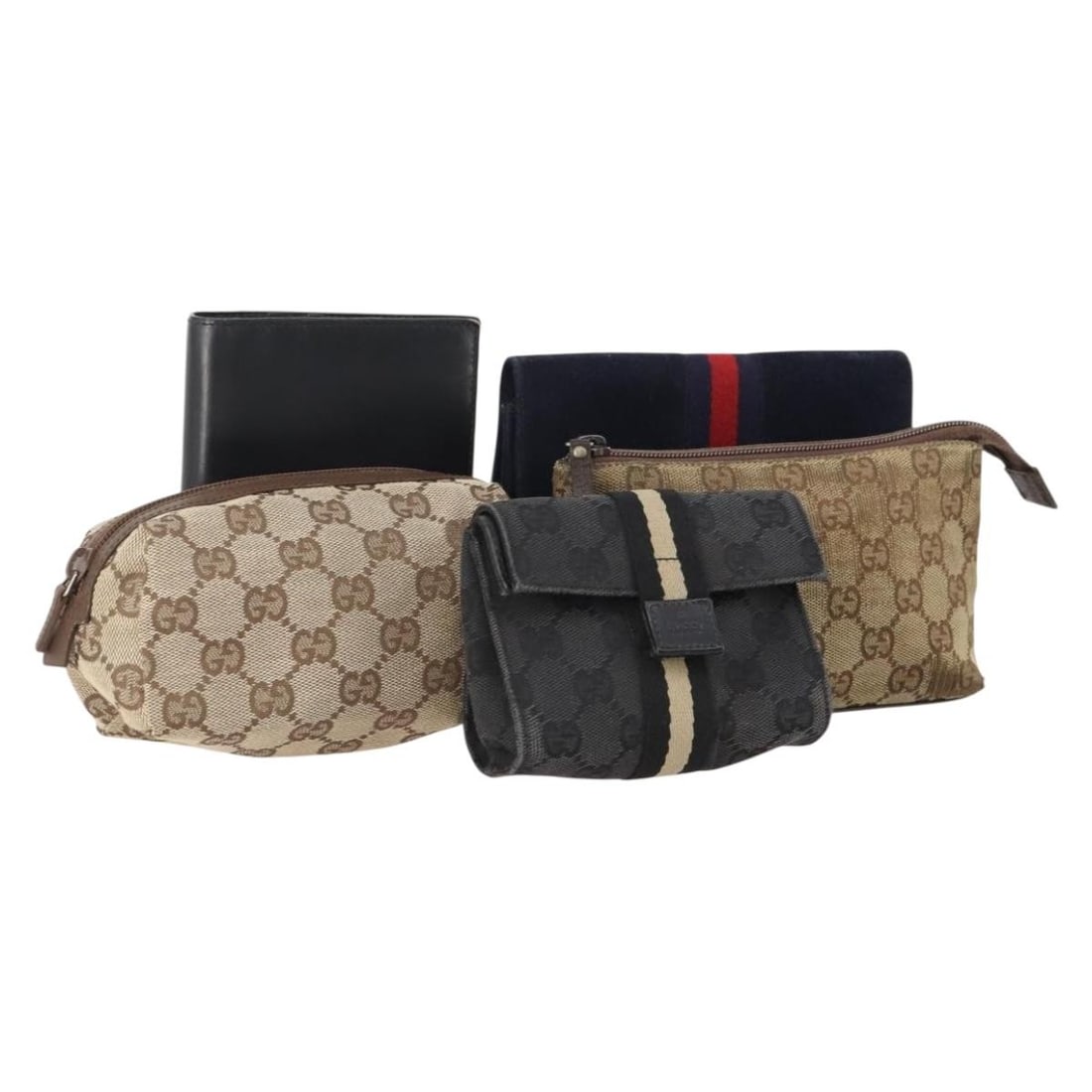 Set of 5 Gucci GG Canvas and Leather Pouches Black Beige: Set of 5 Gucci GG Canvas and Leather Pouches Black Beige A Gucci pouch set in black and beige, made from leather and GG canvas. This women's accessory was manufactured in Italy and is offered as a spe