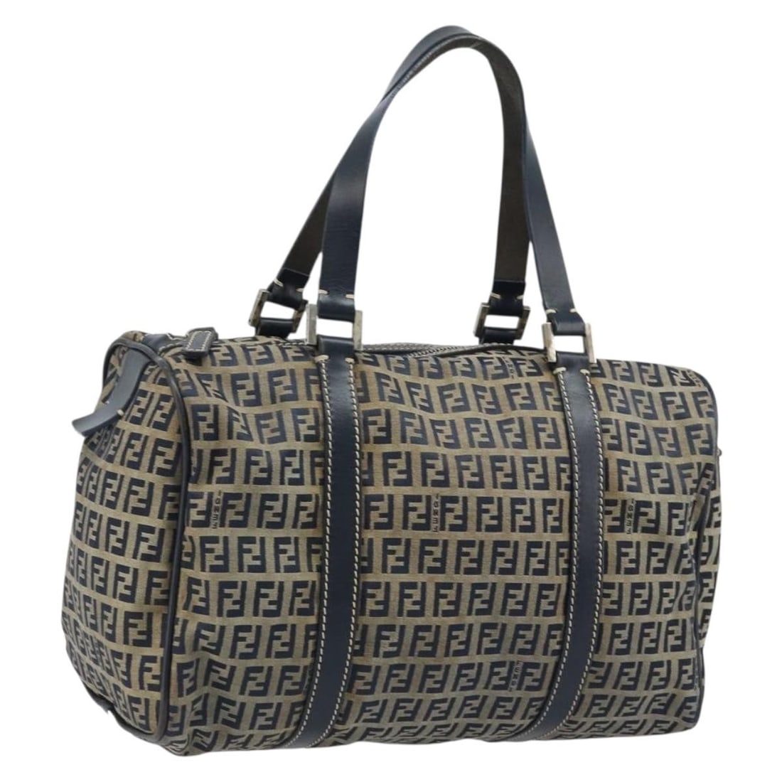 Fendi Zucchino Navy Canvas Tote with Silver Accents for Women: Fendi Zucchino Navy Canvas Tote with Silver Accents for Women This is a FENDI Zucchino Canvas tote bag in navy and silver, designed for women. The bag is crafted from Zucchino Canvas and made in Italy