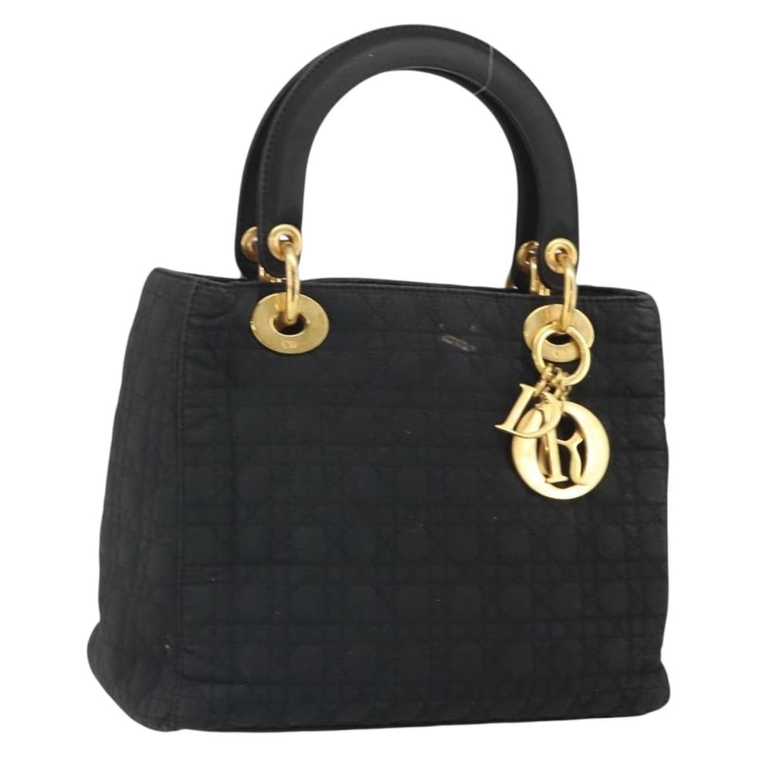 Black Nylon Christian Dior Cannage Handbag with Gold Charm: Black Nylon Christian Dior Cannage Handbag with Gold Charm This Christian Dior Cannage hand bag is crafted from black nylon with gold-tone accents. The bag features a structured silhouette with a top 