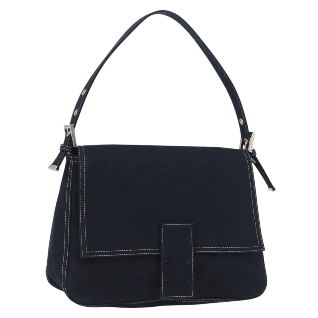 Fendi Mamma Baguette Canvas Handbag Navy and Silver Italian Purse: Fendi Mamma Baguette Canvas Handbag Navy and Silver Italian Purse This FENDI Mamma Baguette handbag is crafted from navy and silver canvas, designed for women. Made in Italy, it features a spacious in