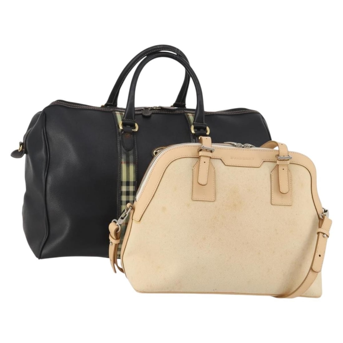 2 Burberry leather Boston bags in black and beige: 2 Burberry leather Boston bags in black and beige Two-piece Burberry Boston bag set in black and beige leather. This women's bag set is made in Italy and is offered without the original box or dust ba