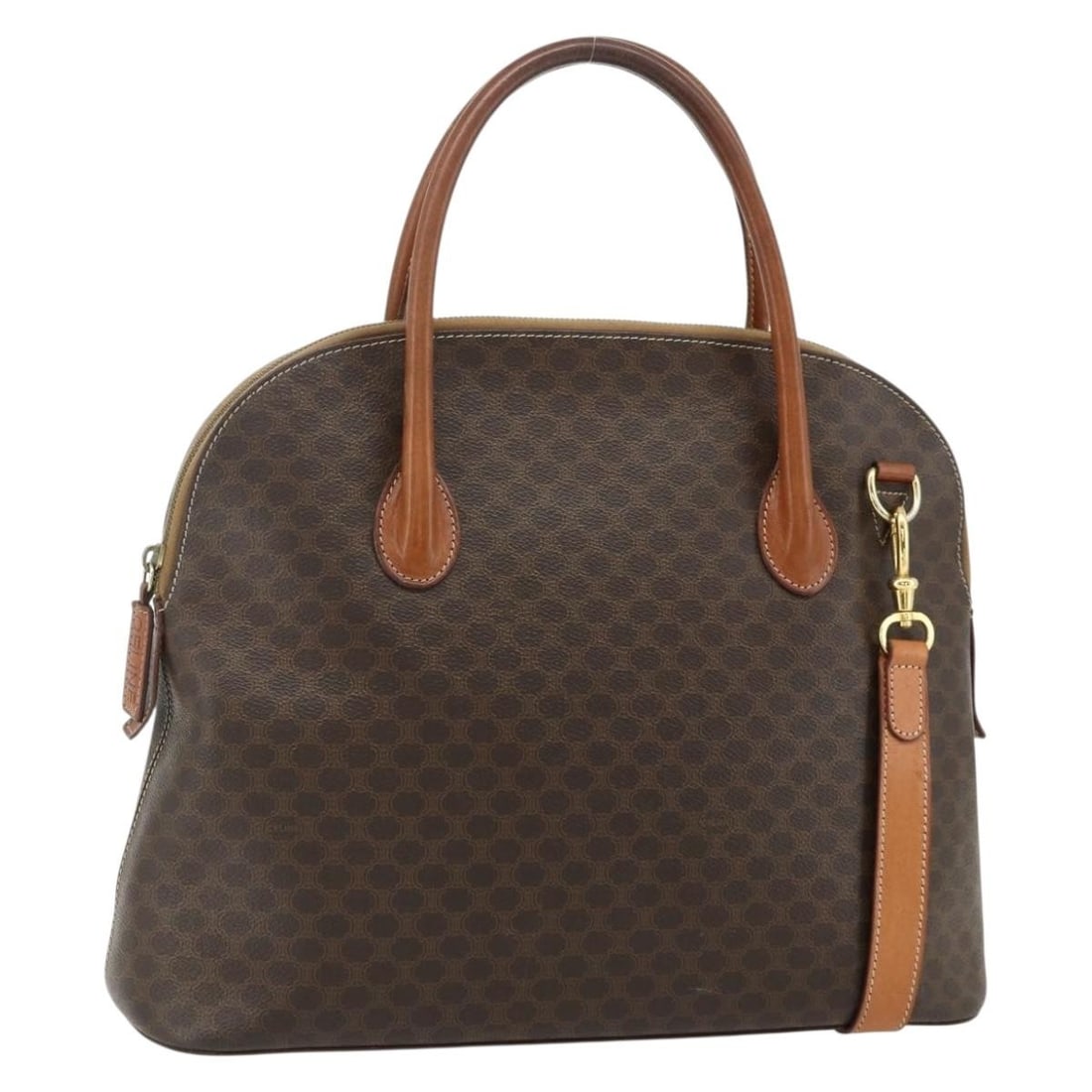 Celine Macadam 2way Brown PVC Leather Handbag with Shoulder Strap: Celine Macadam 2way Brown PVC Leather Handbag with Shoulder Strap Celine Macadam canvas and PVC leather handbag in brown and gold, featuring a 2-way design with a shoulder strap accessory. Made in Ita