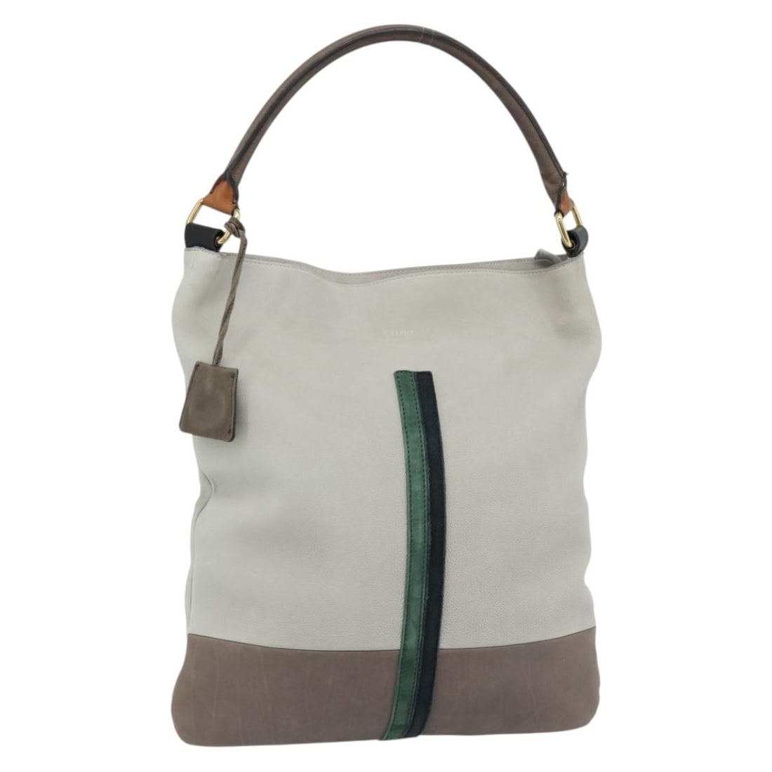 CELINE gray gold leather shoulder bag Italy: CELINE gray gold leather shoulder bag Italy This CELINE shoulder bag is crafted from leather in a gray and gold color combination. Designed for women, it features a spacious interior and a shoulder st