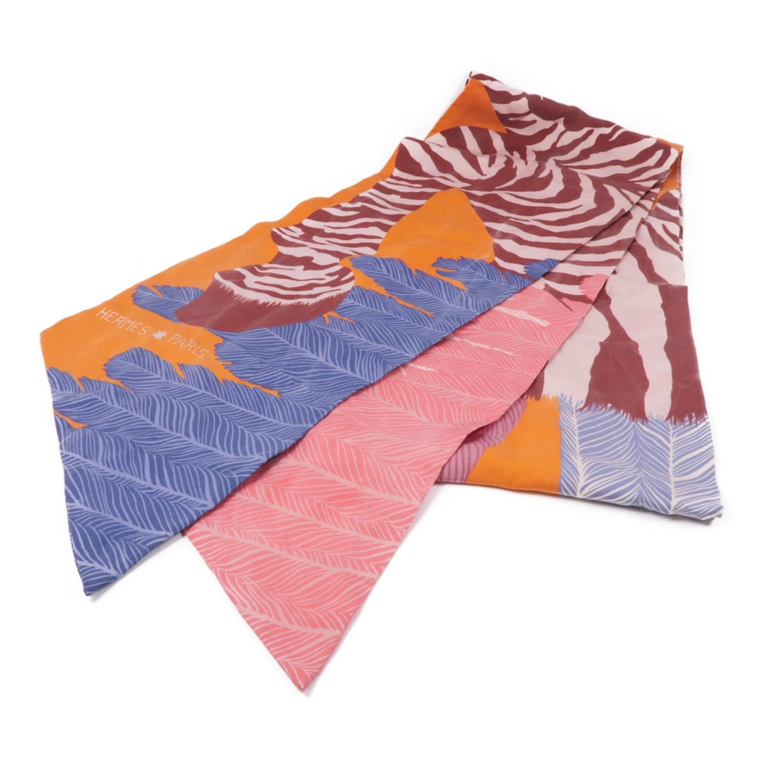 HERMES Maxi Twilly Silk Scarf Pink Orange Blue France: HERMES Maxi Twilly Silk Scarf Pink Orange Blue France Hermes Maxi Twilly scarf in silk with a multicolored design. The item is listed as heavily used and comes with a storage box. It is made in France