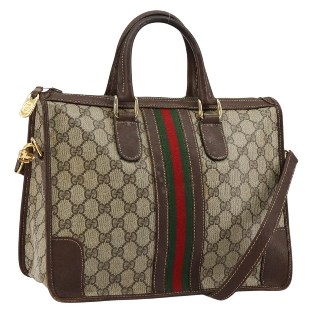 Gucci Sherry Line Beige Gold PVC Handbag with Shoulder Strap: Gucci Sherry Line Beige Gold PVC Handbag with Shoulder Strap This GUCCI GG Supreme Web Sherry Line handbag is crafted from PVC leather and GG canvas in a beige and gold color scheme. Designed for vers