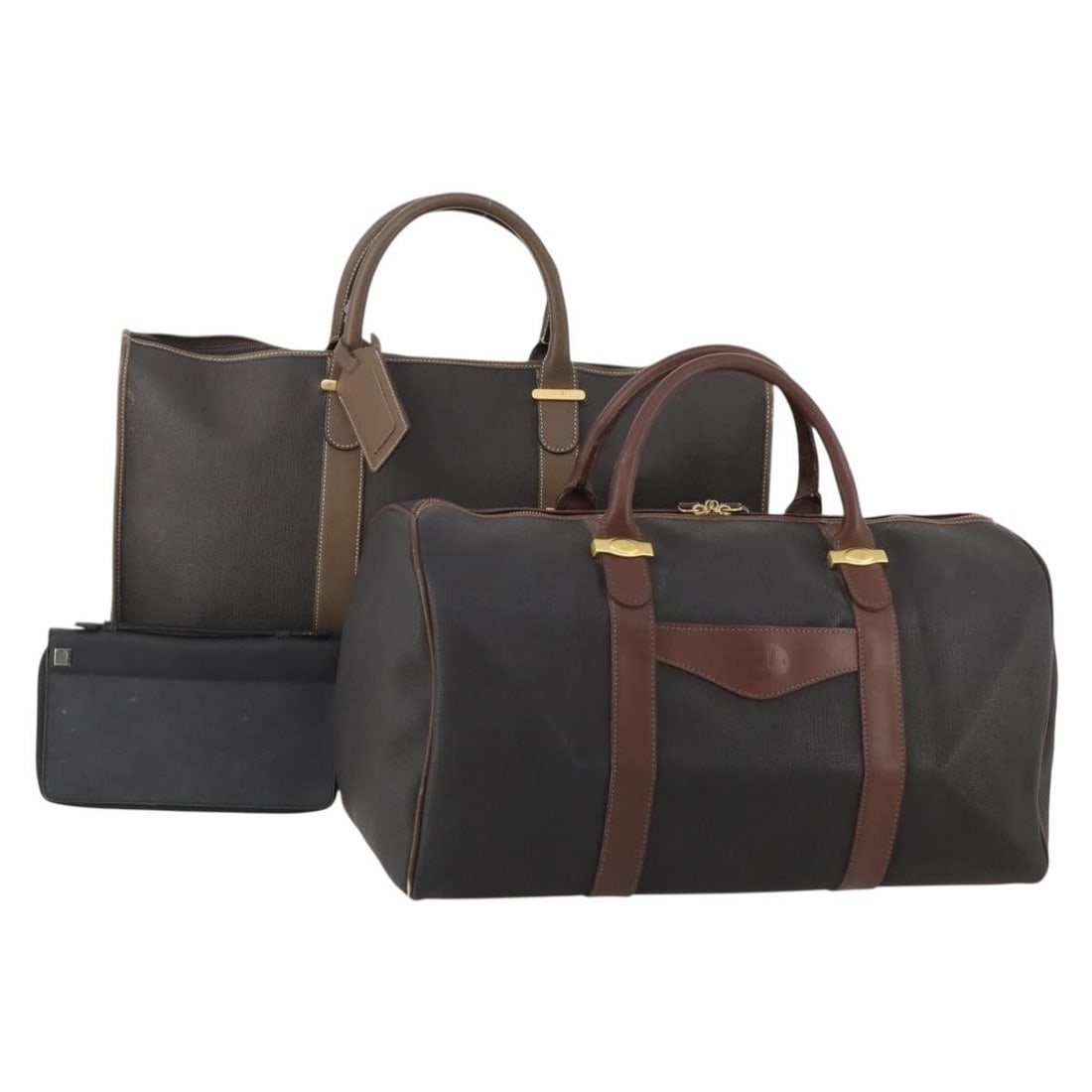 3 Piece Black Leather Boston Bag Set by Dunhill with Name Tag: 3 Piece Black Leather Boston Bag Set by Dunhill with Name Tag Black leather Boston bag set from Dunhill, offered as a special set. The item is heavily used and shows visible wear, including loss of sh