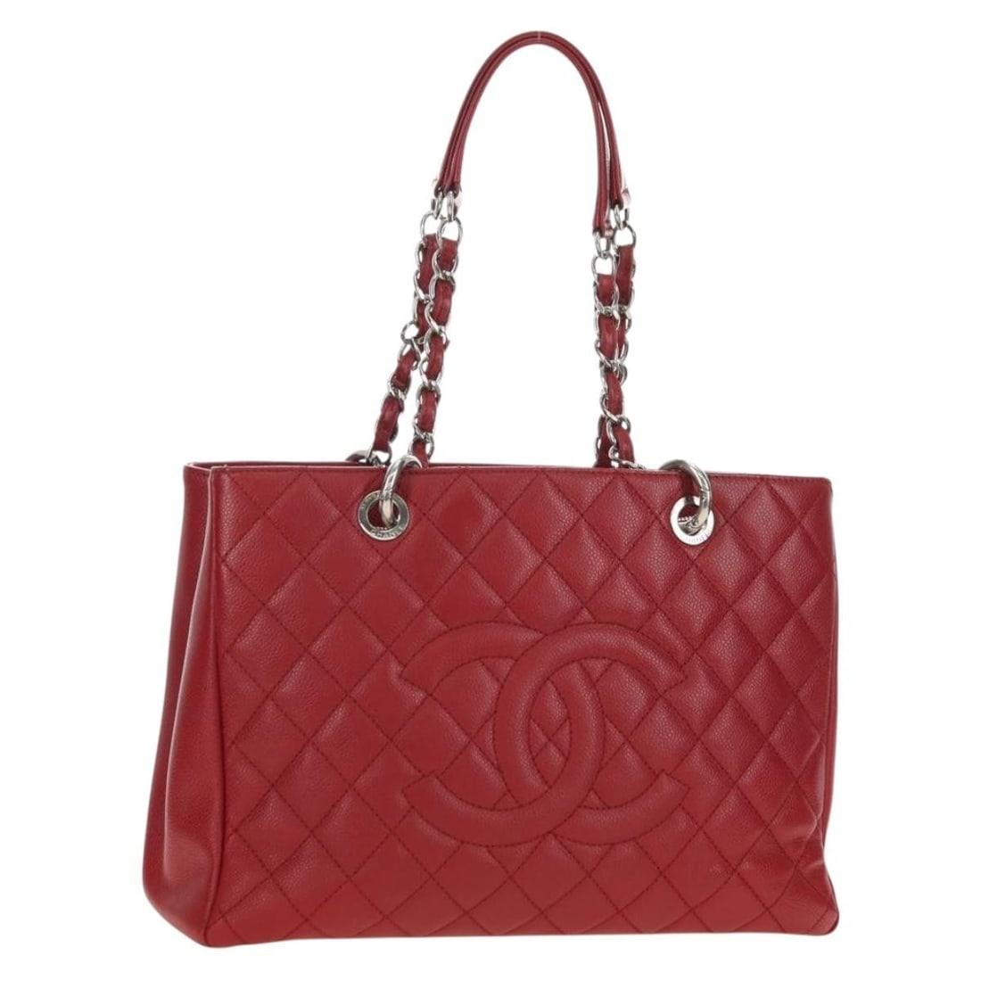 CHANEL GST Caviar Skin Chain Tote Red Silver Repainted: CHANEL GST Caviar Skin Chain Tote Red Silver Repainted CHANEL GST Matelasse Chain Tote Bag in red and silver Caviar Skin. This women's tote is made in Italy and features a handle drop of approximately