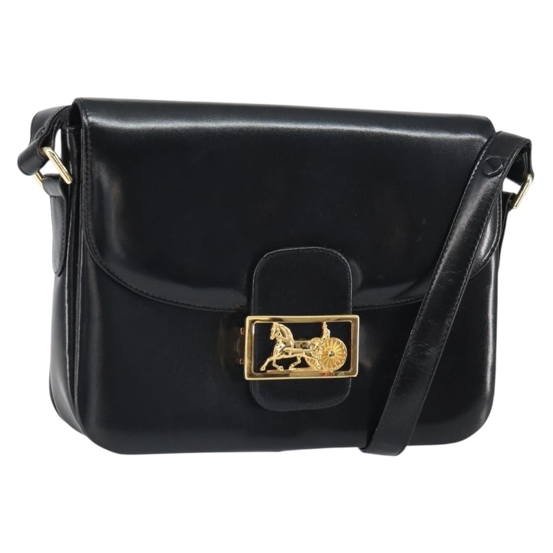 CELINE Horse Carriage Leather Shoulder Bag Black Gold Tone: CELINE Horse Carriage Leather Shoulder Bag Black Gold Tone A CELINE Horse Carriage shoulder bag in black leather with gold-tone hardware. This shoulder bag was made in Italy and measures approximately