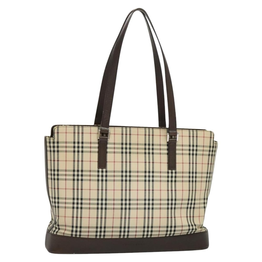 Beige Silver Canvas Nova Check Tote by Burberry: Beige Silver Canvas Nova Check Tote by Burberry This BURBERRY Nova Check tote bag features a beige and silver canvas exterior, designed for women. The bag has a spacious interior and a classic tote si