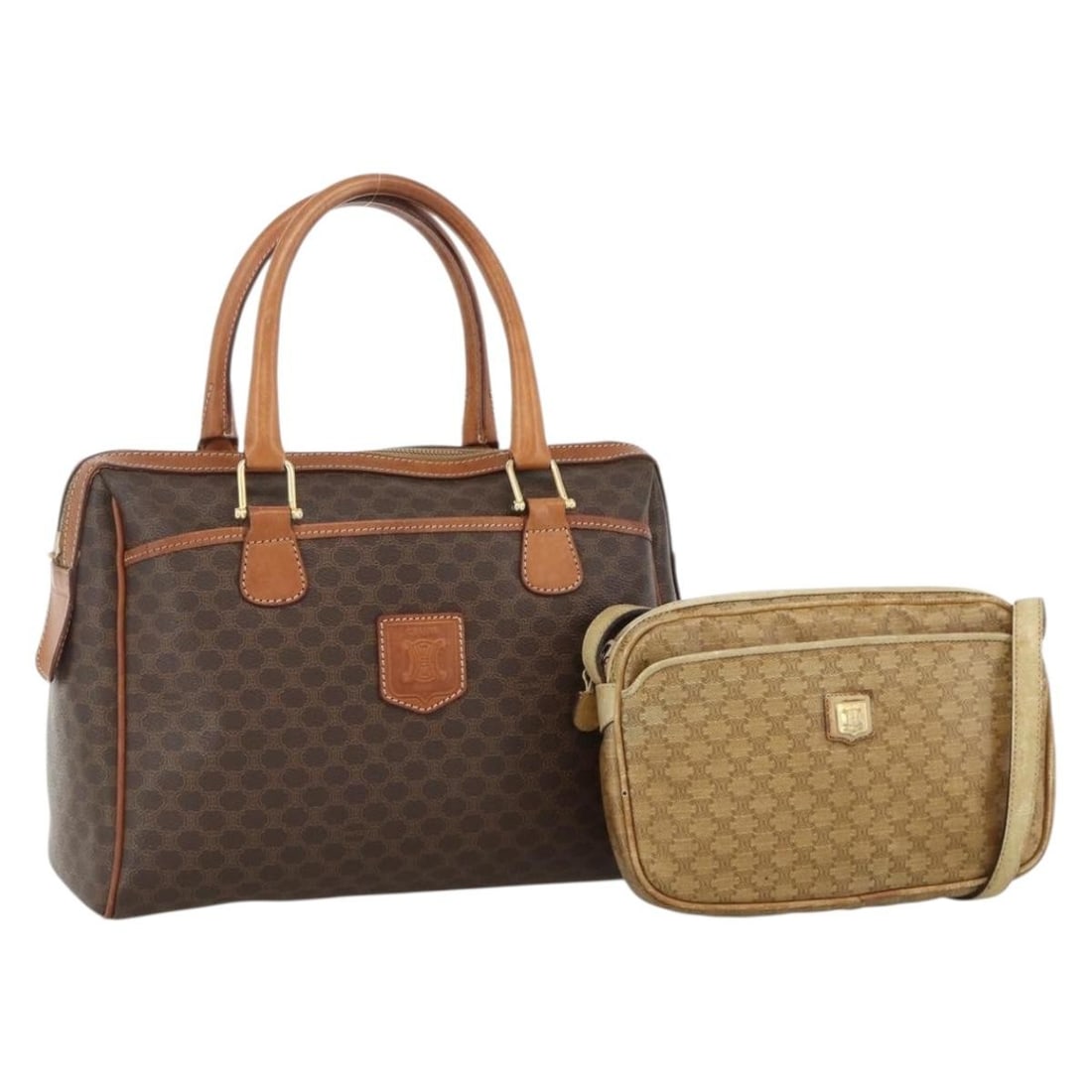 Set of 2 Celine Macadam PVC Canvas Handbags Brown Beige: Set of 2 Celine Macadam PVC Canvas Handbags Brown Beige A CELINE hand bag set in brown and beige, made from PVC leather and Macadam canvas. This special bundle offer includes only the items shown in t
