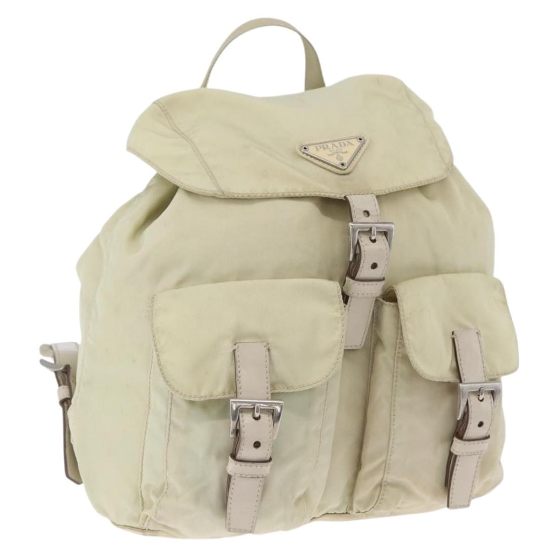Prada Ivory Nylon Backpack with Silver Tone Hardware Made in Italy: Prada Ivory Nylon Backpack with Silver Tone Hardware Made in Italy Prada nylon backpack in ivory and silver. Made in Italy, this item features a compact backpack style and is offered in heavily used c