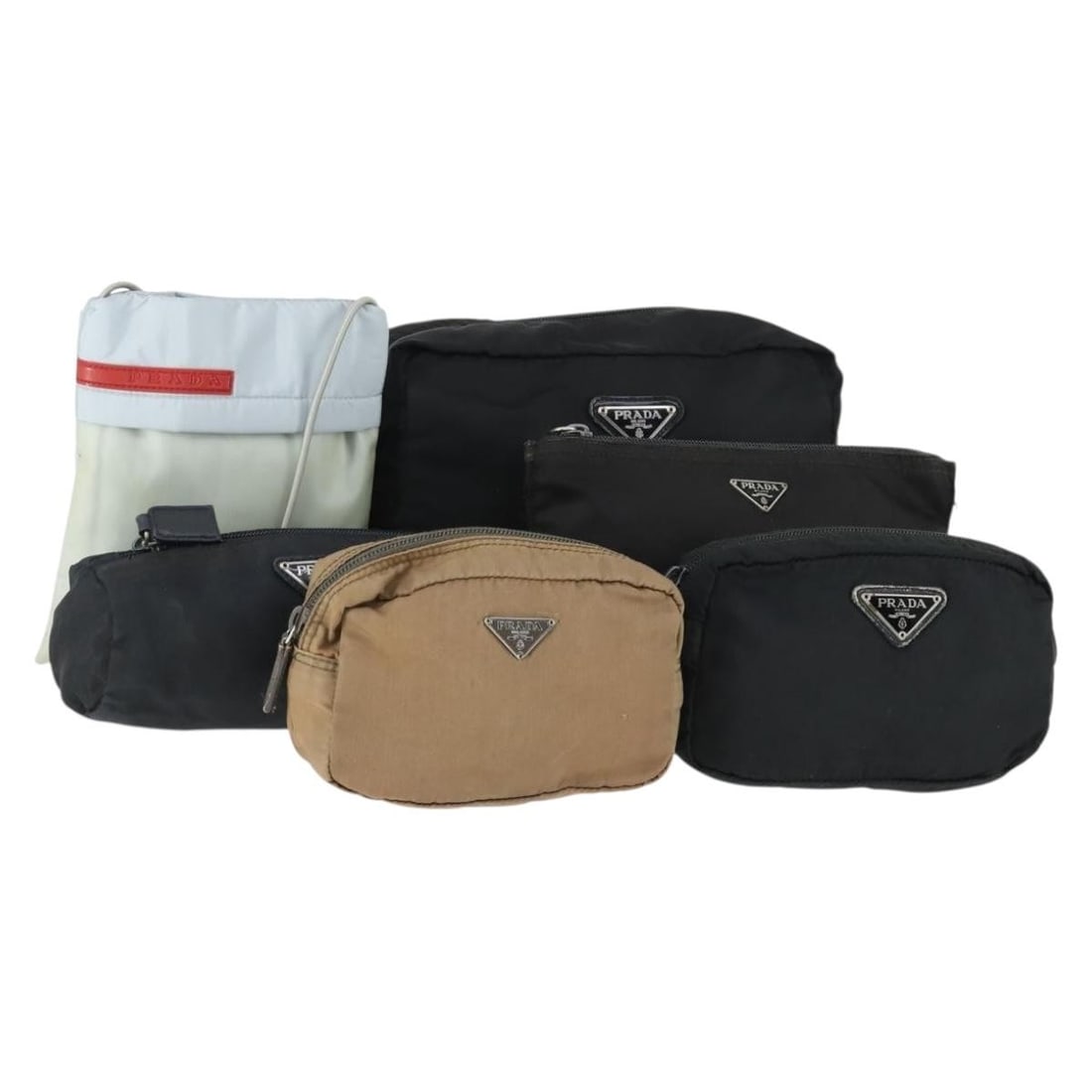 Prada nylon pouch bundle in brown black and light blue: Prada nylon pouch bundle in brown black and light blue This is a set of six PRADA Sports nylon pouches in brown, black, and light blue, designed for women. Crafted in Italy, each pouch features a dura