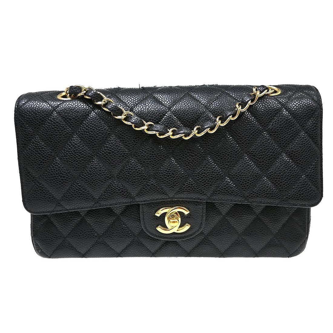 CHANEL Classic Double Flap Medium Shoulder Bag Black Caviar Leather: CHANEL Classic Double Flap Medium Shoulder Bag Black Caviar Leather Chanel Classic Double Flap medium shoulder bag in black caviar skin leather with a matelasse finish and turnlock closure. This women