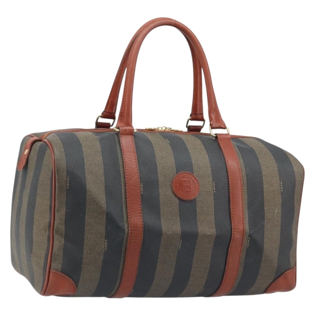 Fendi Pequin Canvas PVC Leather Boston Bag Brown Black: Fendi Pequin Canvas PVC Leather Boston Bag Brown Black Fendi Boston bag in brown and black PVC leather/Pequin canvas, made in Italy. The bag is described as heavily used and is offered with the item s