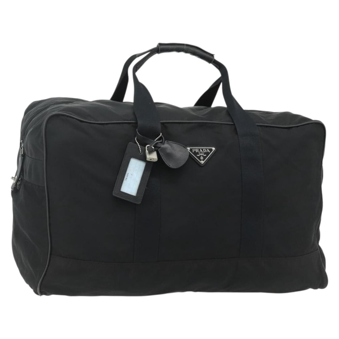 Prada nylon black silver Boston bag with padlock and key set: Prada nylon black silver Boston bag with padlock and key set This PRADA Boston Bag is crafted from durable black nylon with silver-tone accents. Designed for women, it features a spacious interior and