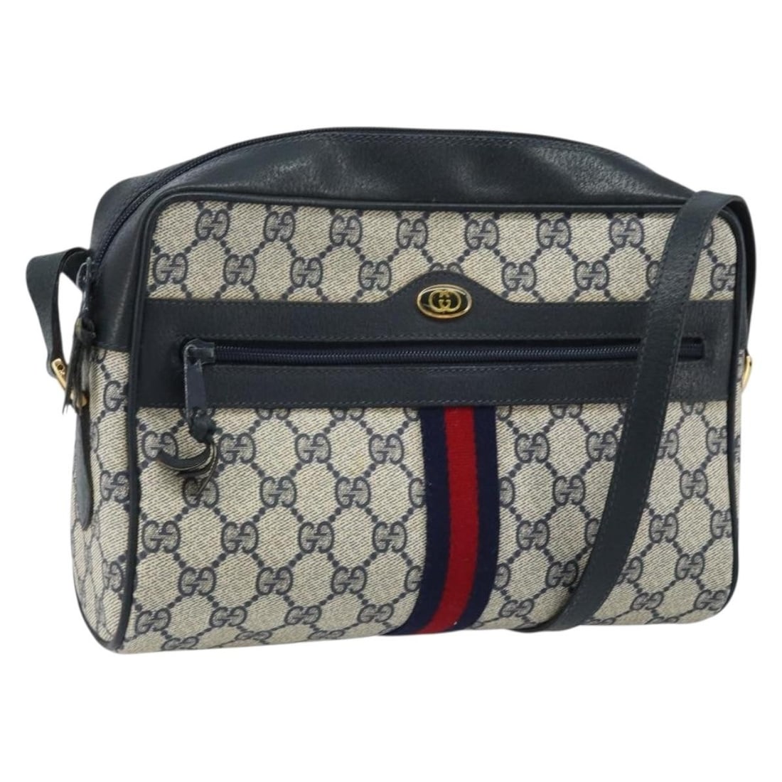 Gucci 56 02 005 GG Supreme Sherry Shoulder Bag Navy PVC Leather: Gucci 56 02 005 GG Supreme Sherry Shoulder Bag Navy PVC Leather Gucci GG Supreme Sherry Line shoulder bag in navy and gold, made in Italy. It is crafted from PVC leather and GG canvas, with a women's 