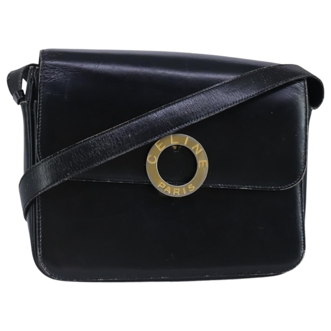 Celine Black Leather Shoulder Bag with Gold Accents for Women: Celine Black Leather Shoulder Bag with Gold Accents for Women This is a CELINE women's shoulder bag crafted from black leather with gold-tone accents. Made in Italy, the bag features an adjustable sho