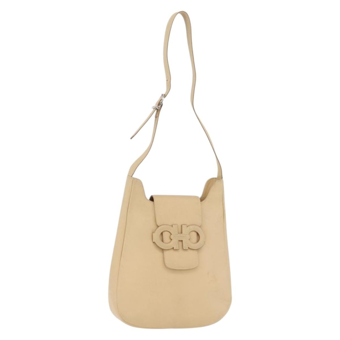 Ferragamo Gancini beige silver leather shoulder bag Italy: Ferragamo Gancini beige silver leather shoulder bag Italy This Salvatore Ferragamo Gancini shoulder bag is crafted from beige leather with silver accents. Made in Italy, it features a structured silho